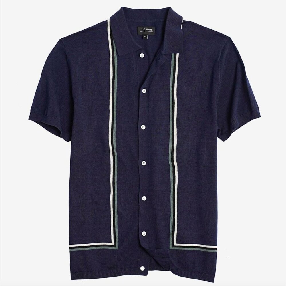 The Tie Bar Full Placket Border Stripe Navy Blue Short Sleeve Polo Size M